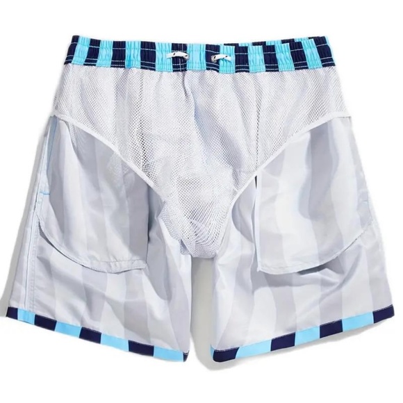BNWT Isabelle LaRue Men's Light Blue and Navy Blue Stripe Swim Shorts - Medium - Picture 5 of 5